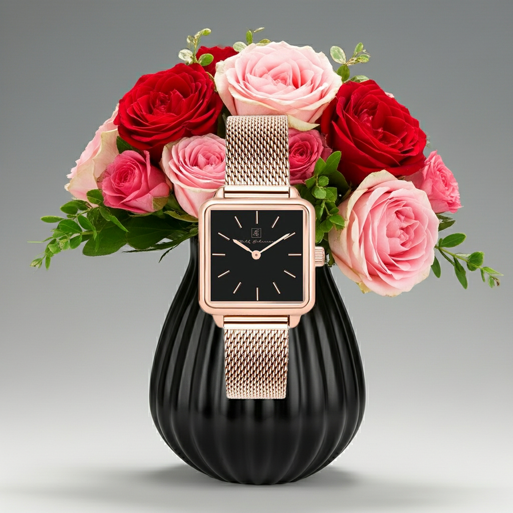 Neue Farbe- neues Du! Rosè- Damenuhr viereckiges Design “Alzey” 26×28 mm rosefarben mit schwarzem Ziffernblatt