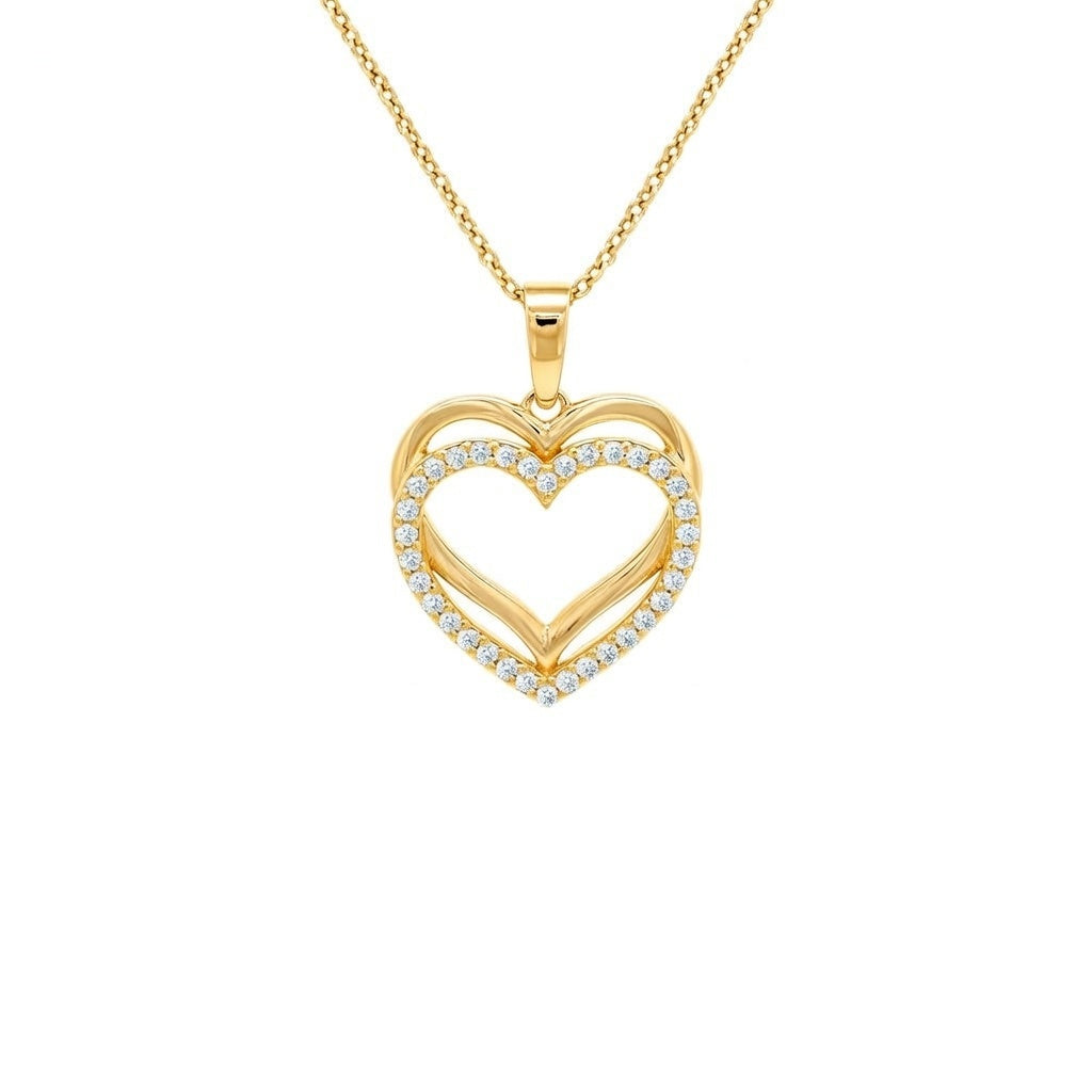 Gelbvergoldete Herz- Halskette mit weißen Zirkonia- Steinen – romantischer Anhänger mit Ankerkette für Damen