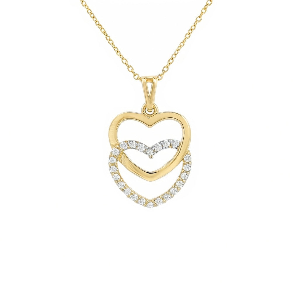 Luxuriöser Doppel-Herzen-Anhänger in Silber Gelbvergoldet mit Ankerkette – Weiße Zirkonia