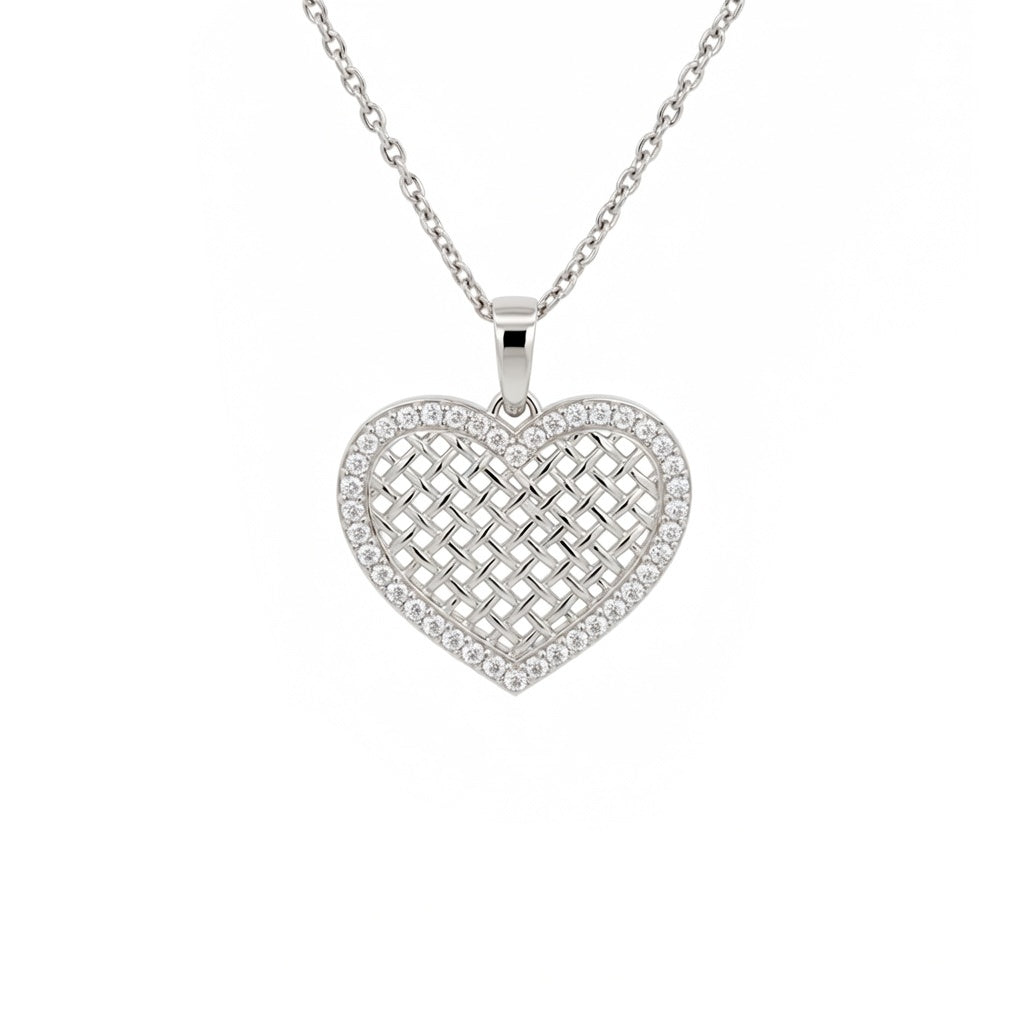 Exklusiver Herz Anhänger mit Ankerkette – Silber rhodiniert & weiße Zirkonia