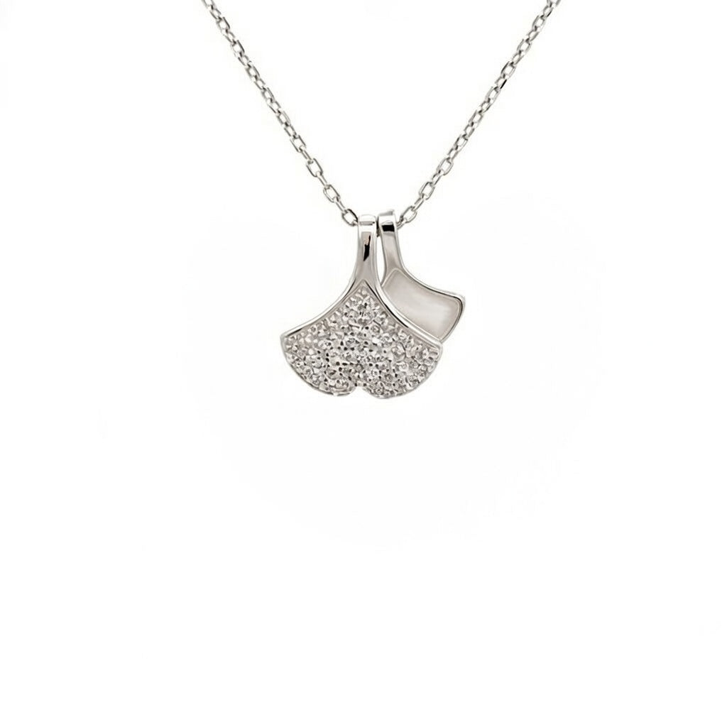 Ginkgo Silber- Anhänger mit Ankerkette – rhodiniert, weiße Zirkonia & synthetischer Mondstein
