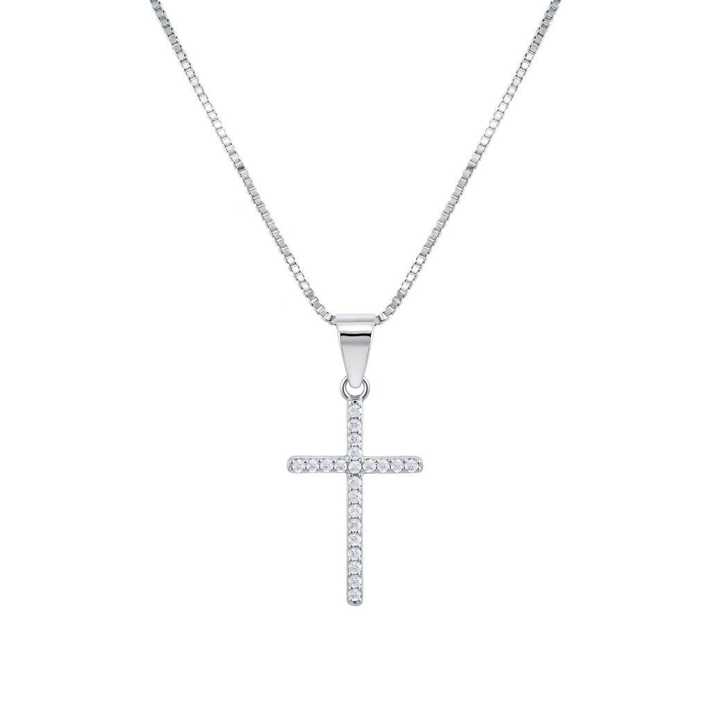 Kreuz-Anhänger mit Zirkonia & Venezianerkette – Silber, rhodiniert