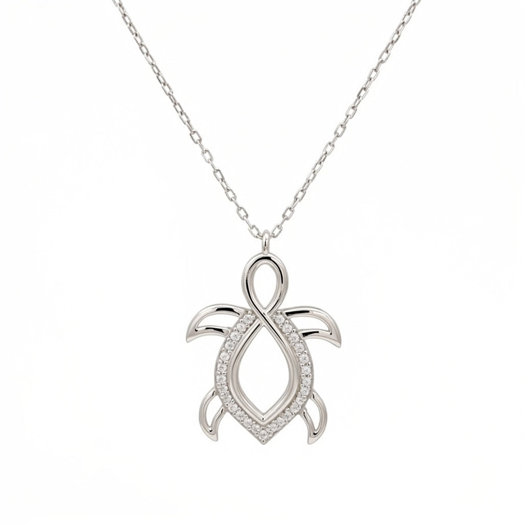 elegantes rhodiniertes Collier „Schildkröte“ mit weißen Zirkonia- Steinen