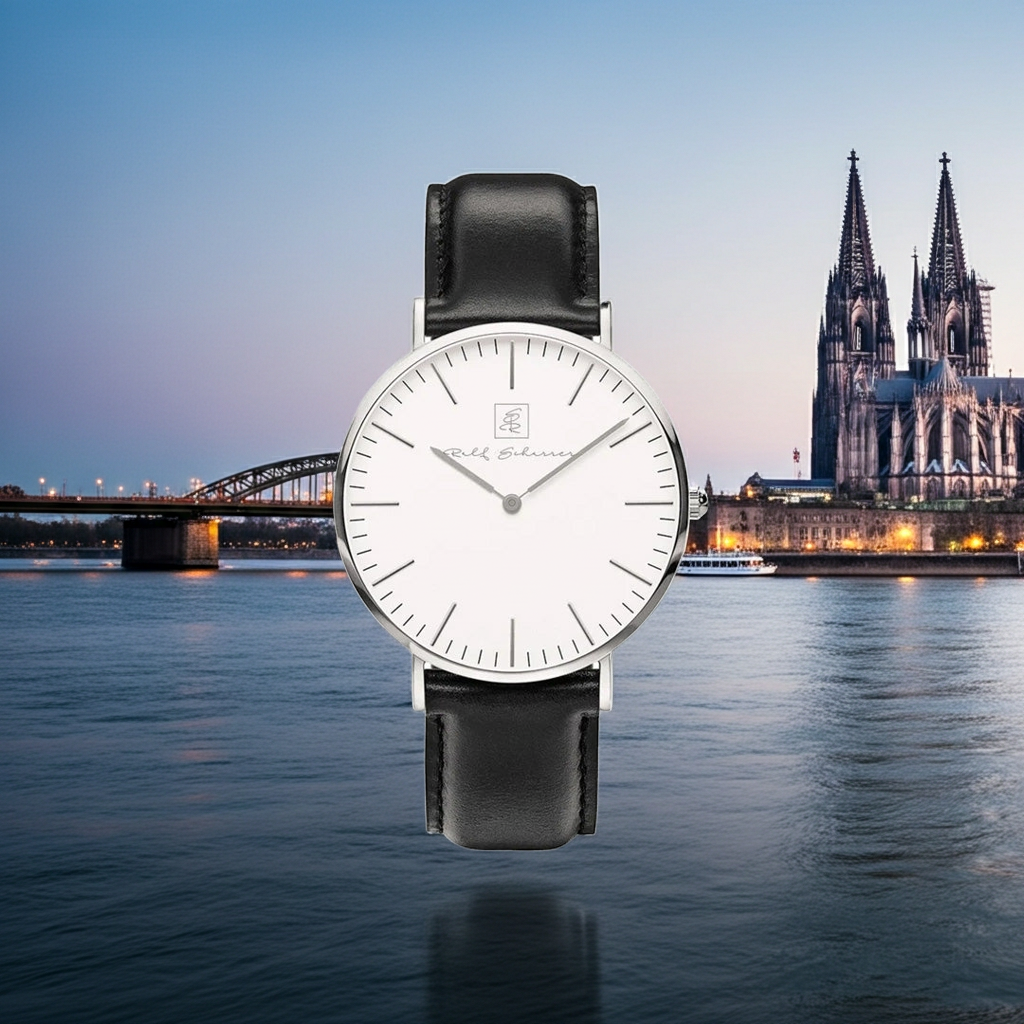Von Köln mit Stil! “Köln” 38 mm mit weissem Ziffernblatt und Lederarmband