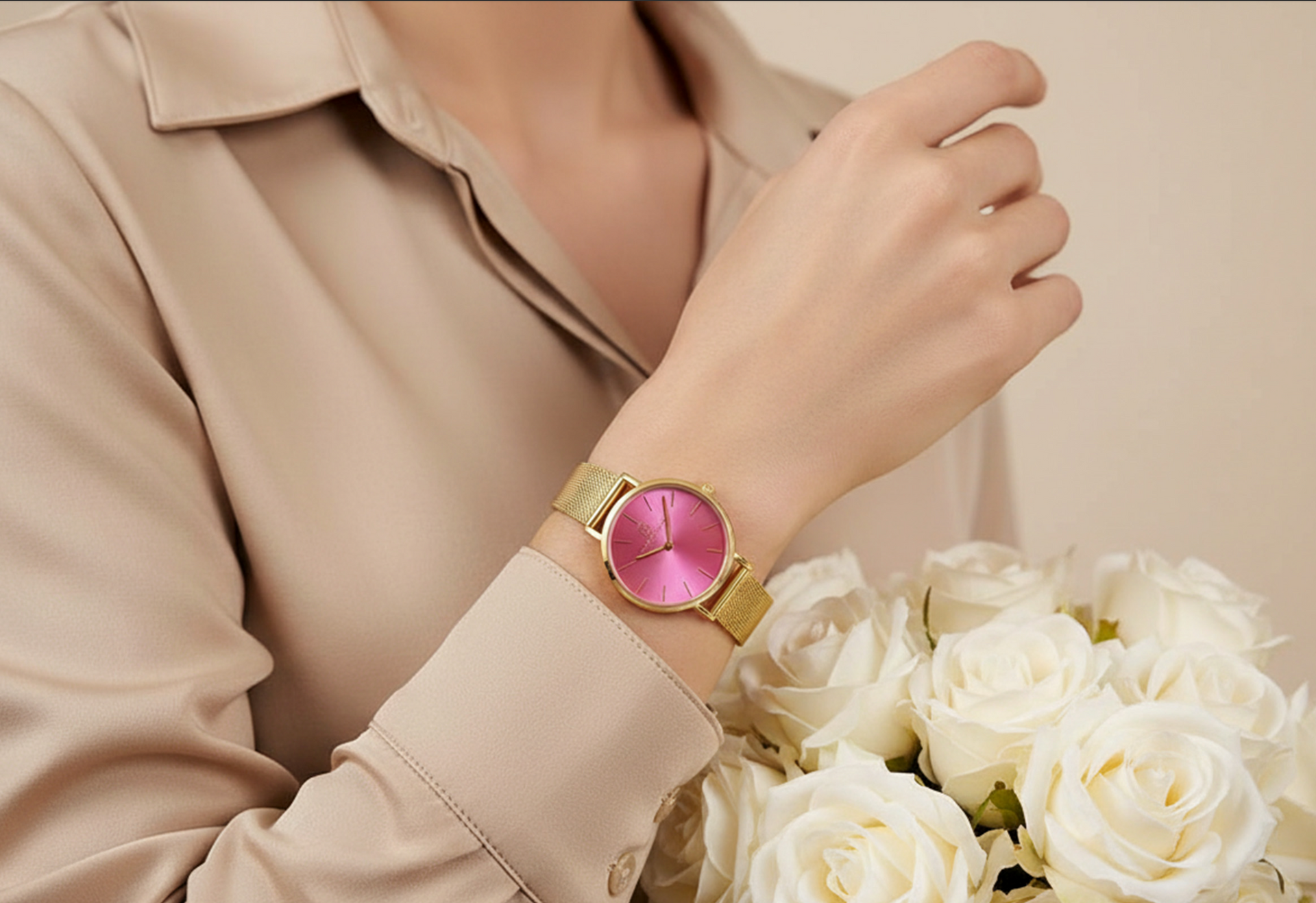 Neue Farbe- neues Du! Damenuhr Gold- Armband aus Milanese mit pinkem Ziffernblatt “Leipzig” 32 mm