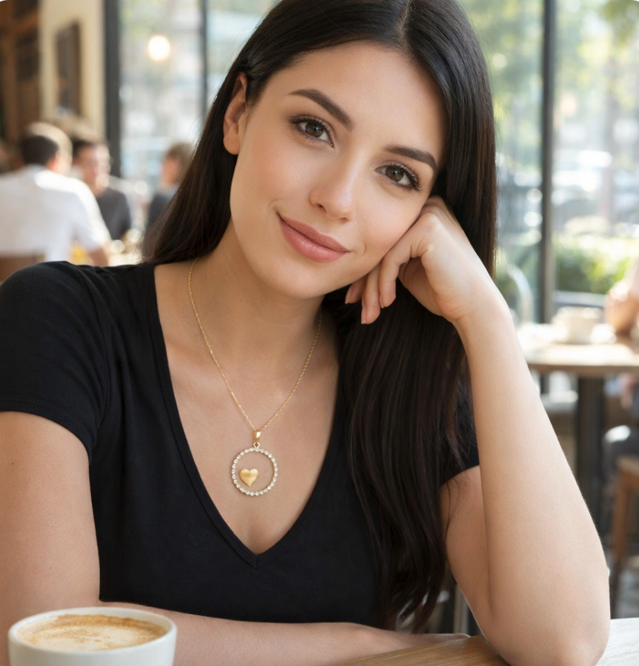 Luxuriöser Rund-Herz Anhänger aus Silber mit Ankerkette – Gelbvergoldet & funkelnde Zirkonia