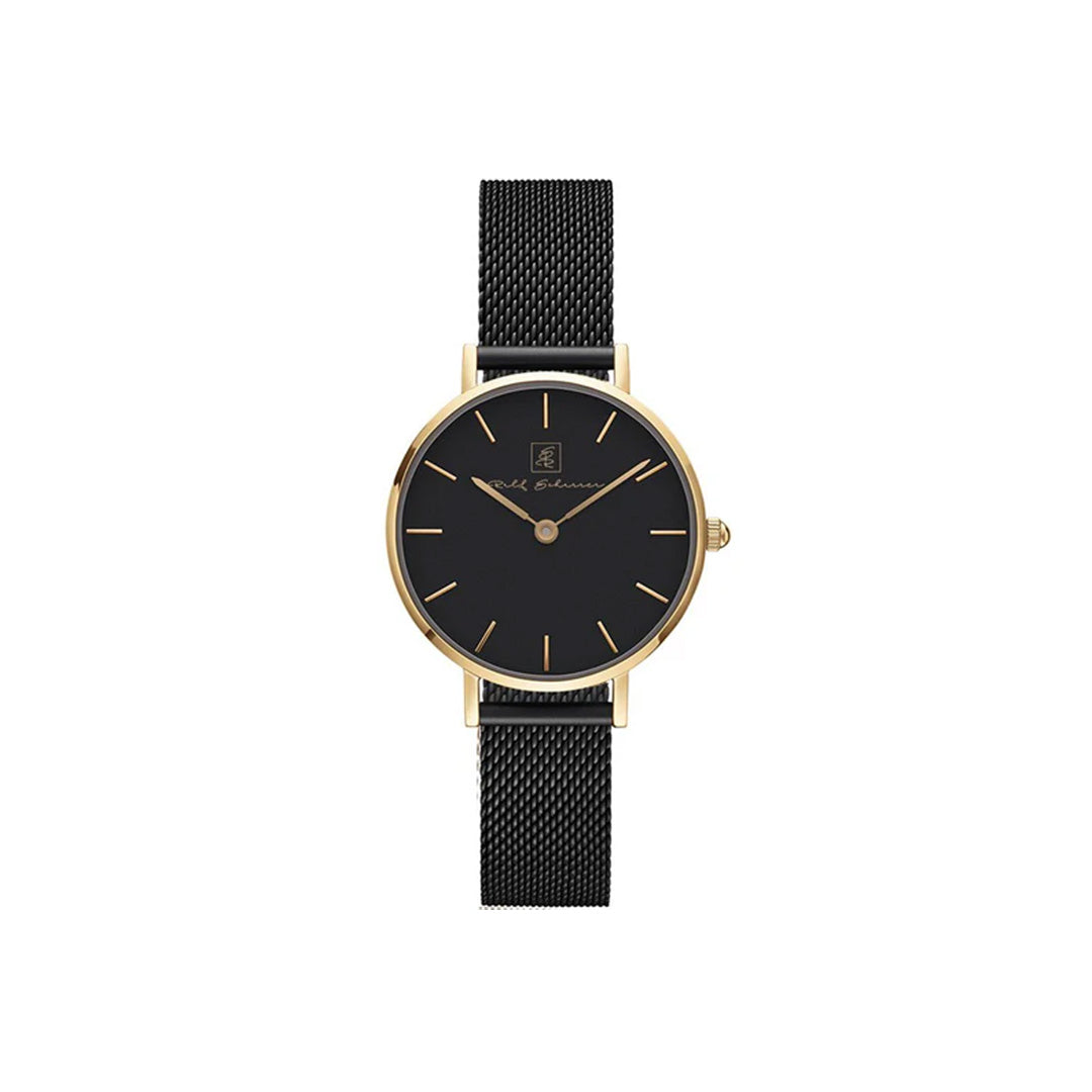 Eine Uhr- die auffällt! Damenuhr Milanese rund schwarz “Baden-Baden” 32 mm schwarzem Armband mit schwarzem Ziffernblatt