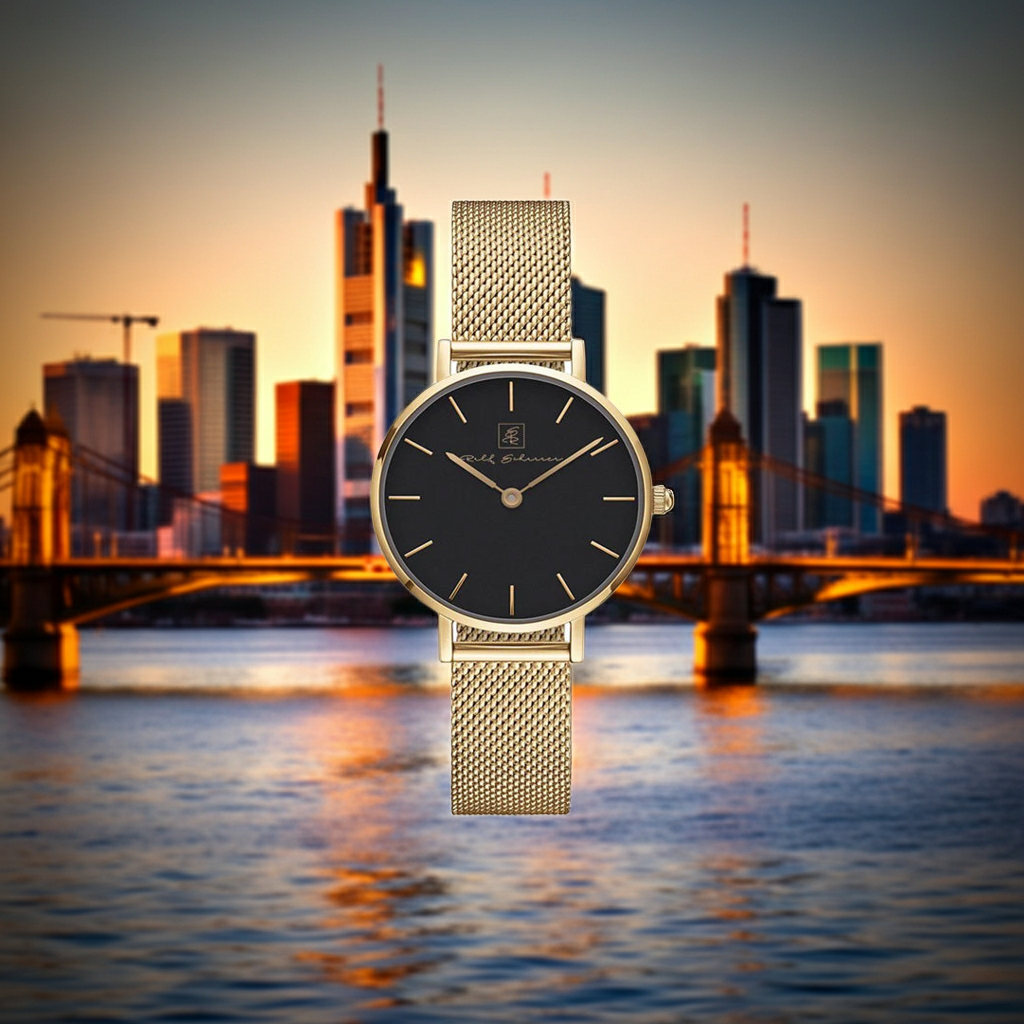 Derr Klassiker- neue definiert! Damenuhr mit Gold- Armband  Milanese “Frankfurt” 32 m und schwarzem Ziffernblatt