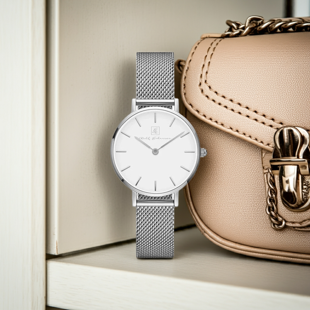 Der Klassiker- unvergänglich! Damenuhr Milanese Silber “Münster” 32 mm silberfarbenes Armband mit weissem Ziffernblatt