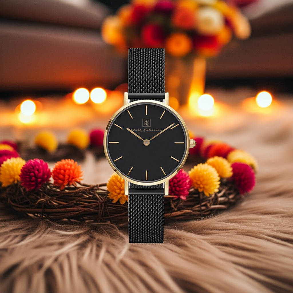 Eine Uhr- die auffällt! Damenuhr Milanese rund schwarz “Baden-Baden” 32 mm schwarzem Armband mit schwarzem Ziffernblatt