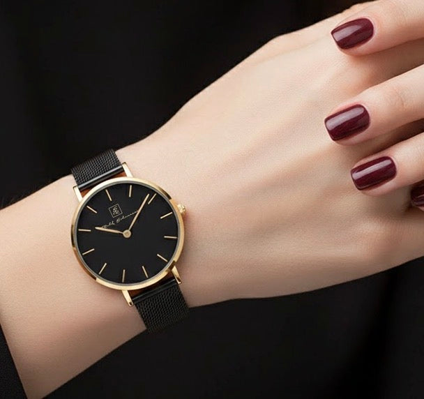 Eine Uhr- die auffällt! Damenuhr Milanese rund schwarz “Baden-Baden” 32 mm schwarzem Armband mit schwarzem Ziffernblatt