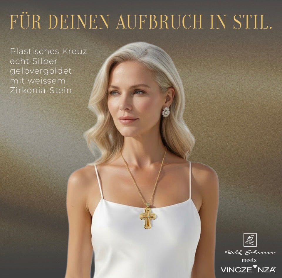 Ralf Scharrer meets Vinczenza!  ABSOLUTES  EINZELSTÜCK  plastisches Kreuz echt Silber gelbvergoldet mit weissem Zirkonia-Stein