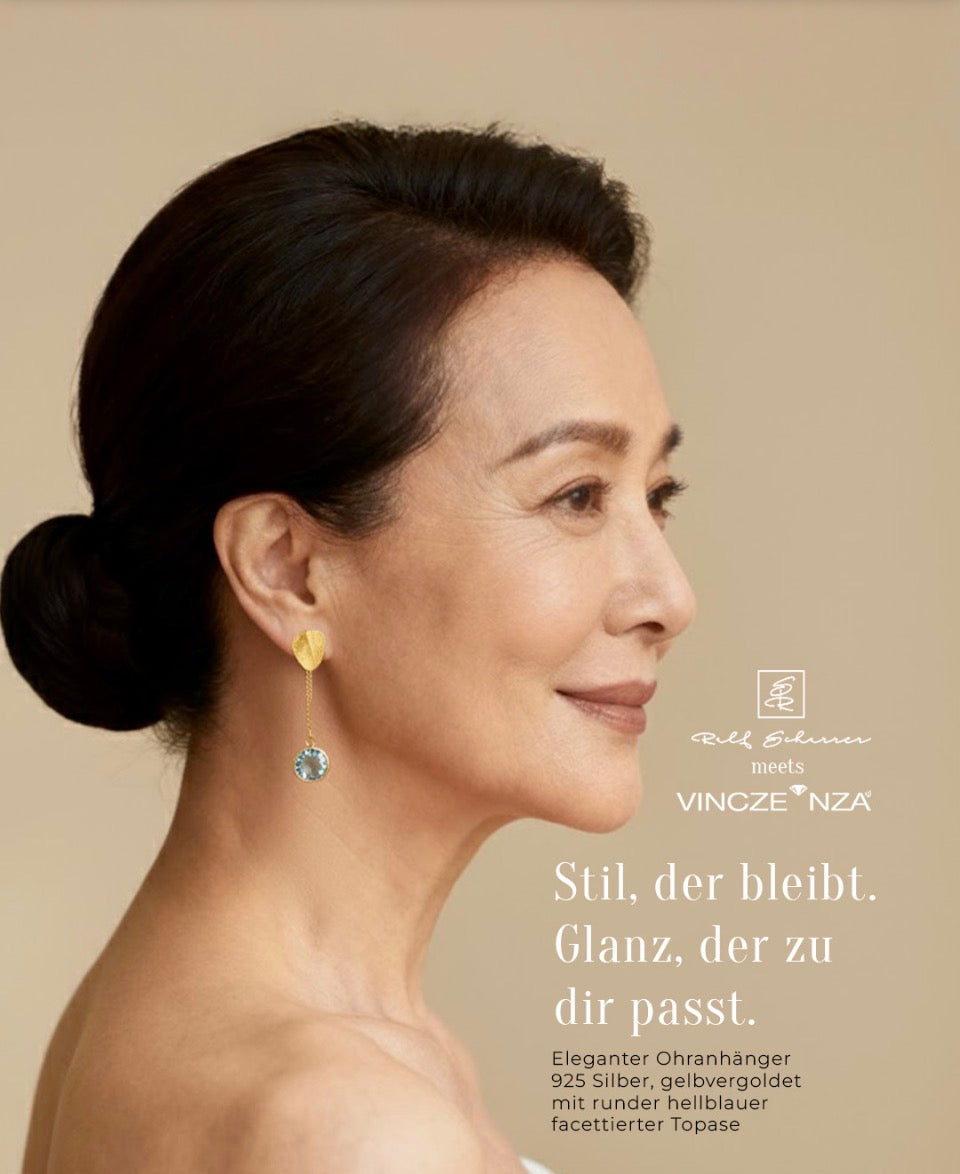 Ralf Scharrer meets Vinczenza!  eleganter Ohranhänger 925 Silber, gelbvergoldet mit runder hellblauer facettierter Topase