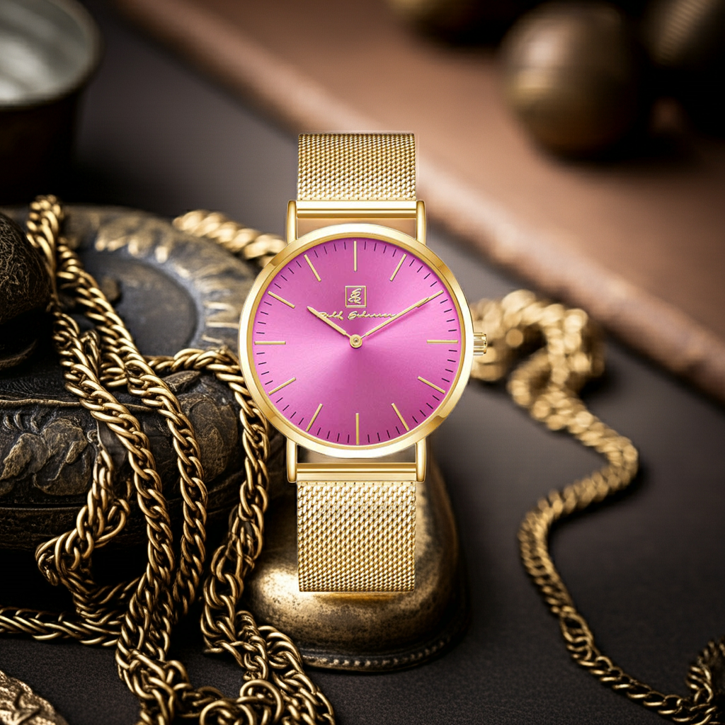 Dein Look- Upgrade!   "Wiesbaden" 40 mm in Goldfarben und pinkem Ziffernblatt