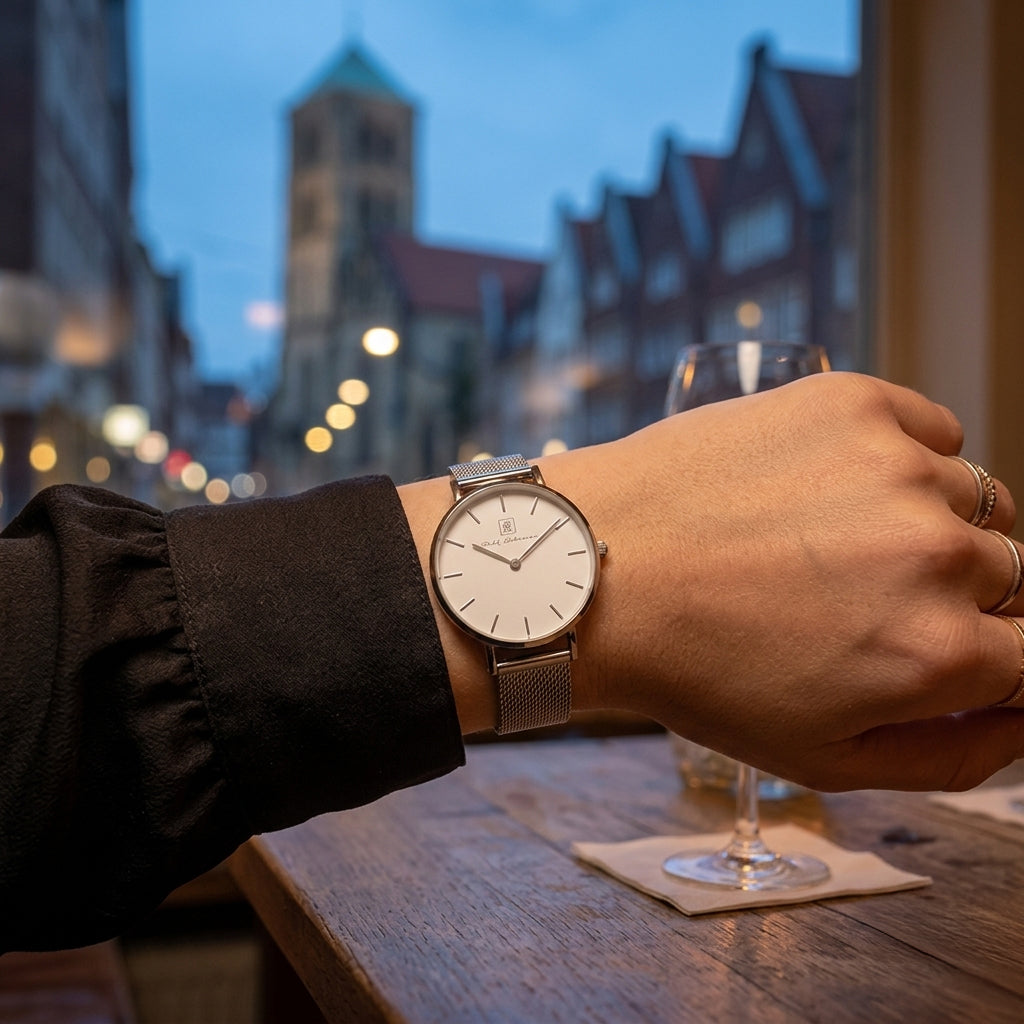 Der Klassiker- unvergänglich! Damenuhr Milanese Silber “Münster” 32 mm silberfarbenes Armband mit weissem Ziffernblatt