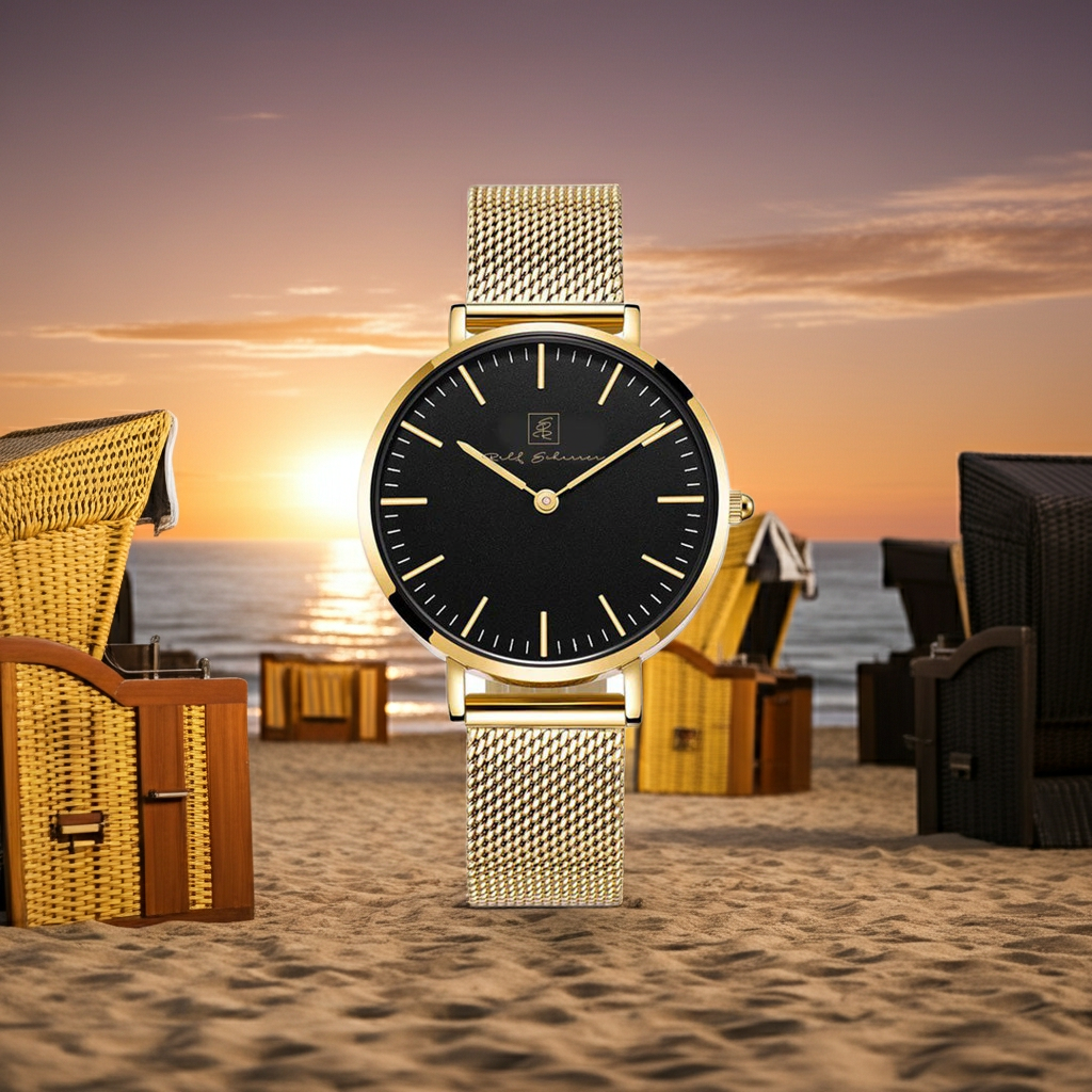 Gönn Dir Glanz! “Sylt” 32 mm in Goldfarben mit schwarzem Ziffernblatt