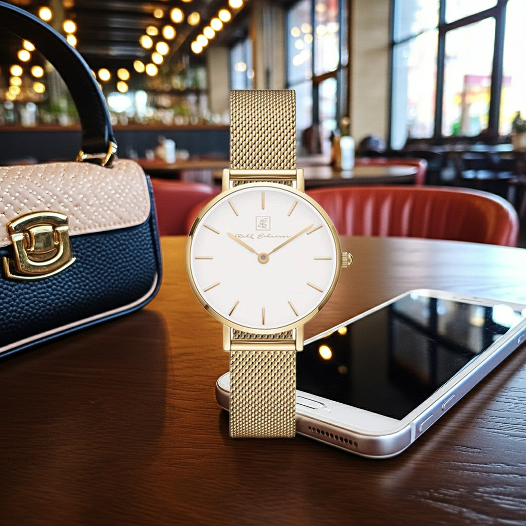 Zeitlos elegant: Armbanduhr „Stuttgart“ – 32 mm, goldfarbenes Armband, weißes Ziffernblatt