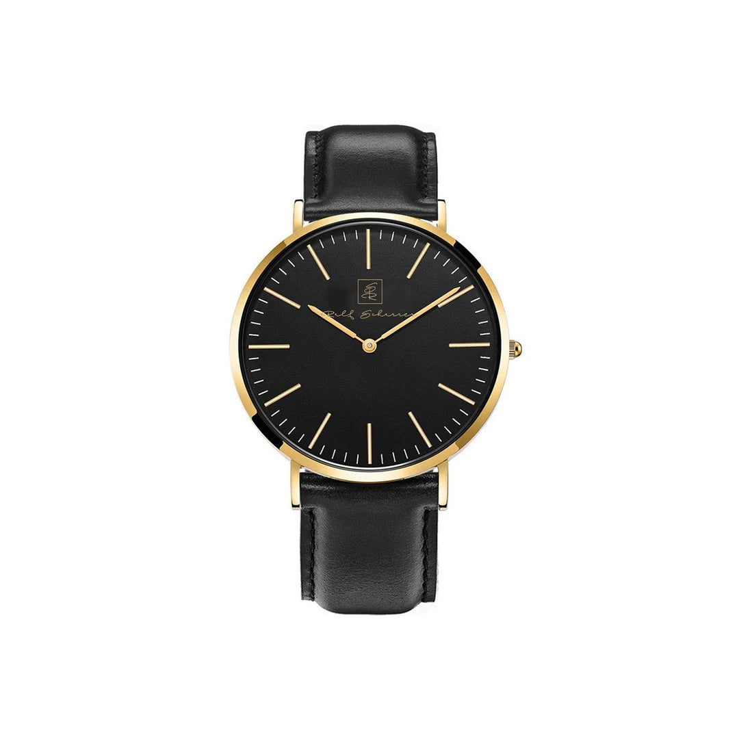 Leicht. Flach. Zeitlos! Unisex- Armbanduhr “Dresden” 38 mm mit schwarzem Ziffernblatt und Lederarmband