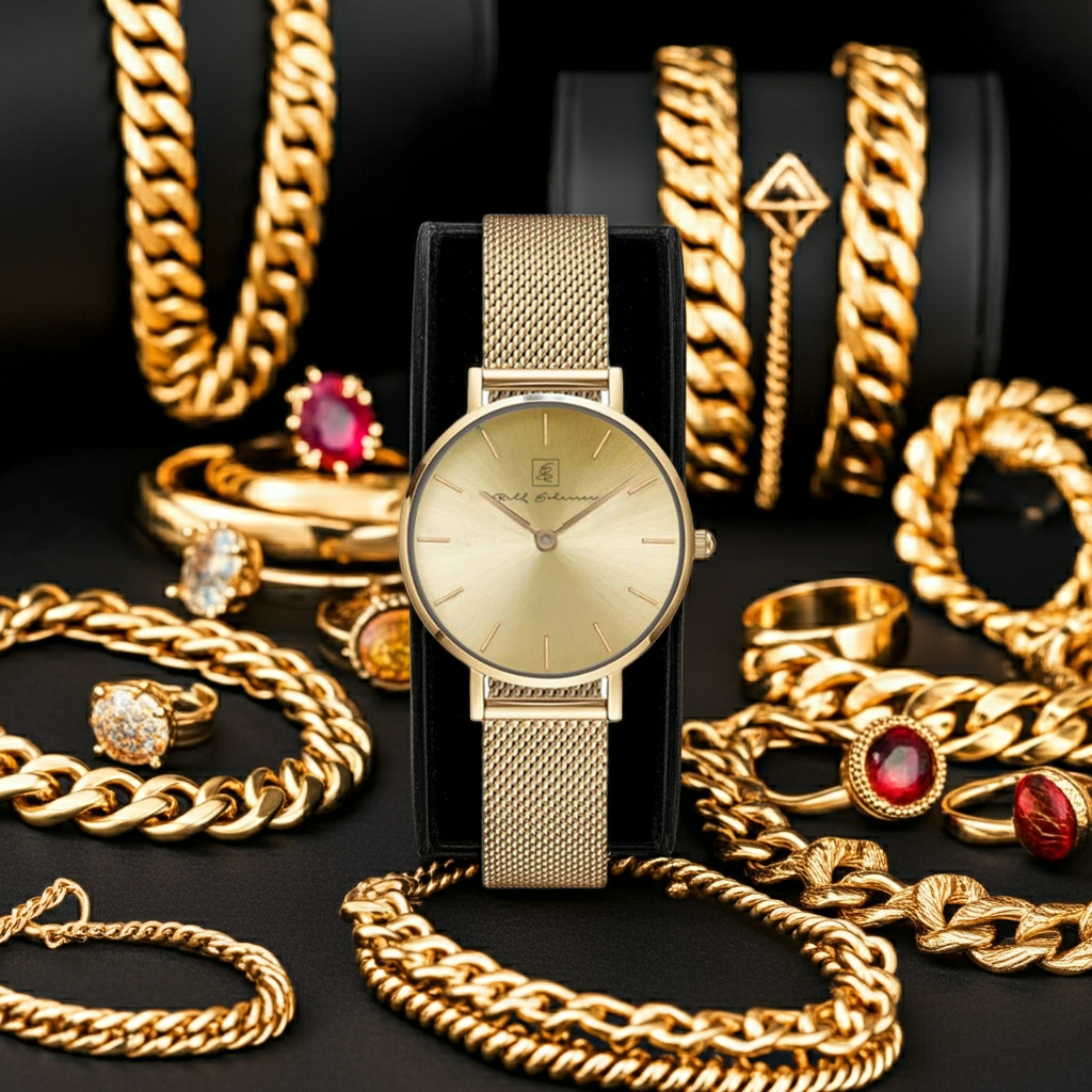 Gold ist Inn! Damenuhr Milanese Goldfarbenes Armband mit goldfarbenen Ziffernblatt “Pforzheim” 32 mm