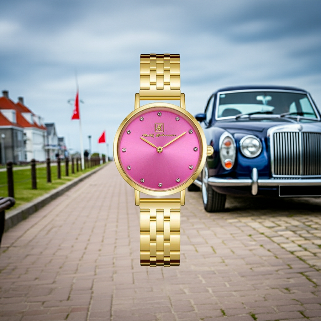 Dieser Glanz ist für Dich! Damenuhr Edelstahl- Armband Gold mit Ziffernblatt in Pink “Kampen Prestige” 32 mm