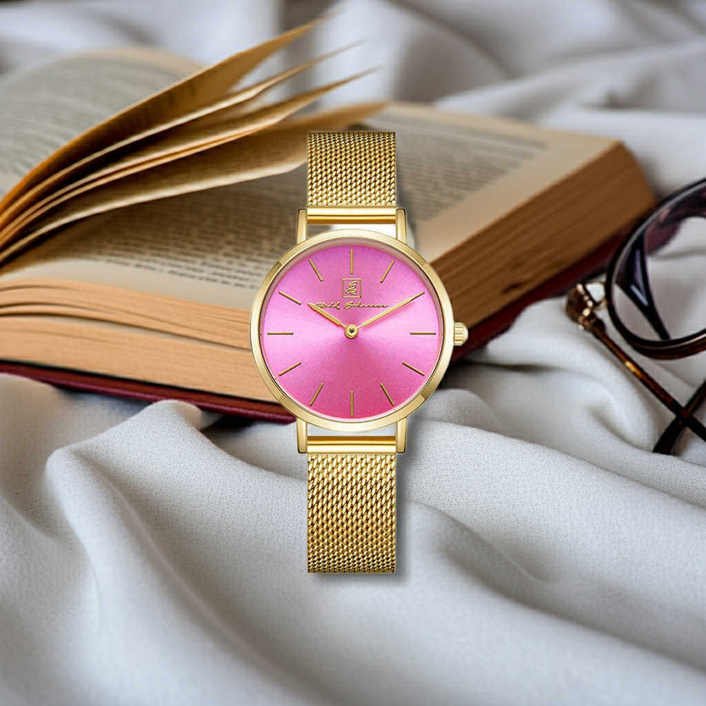 Neue Farbe- neues Du! Damenuhr Gold- Armband aus Milanese mit pinkem Ziffernblatt “Leipzig” 32 mm