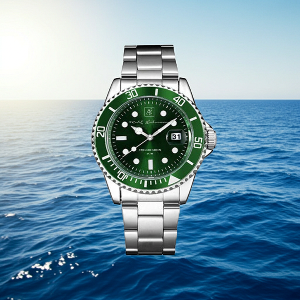 Edelstahl trifft auf grünes Ziffernblatt  Herrenuhr "TimeCode Green" 45 mm