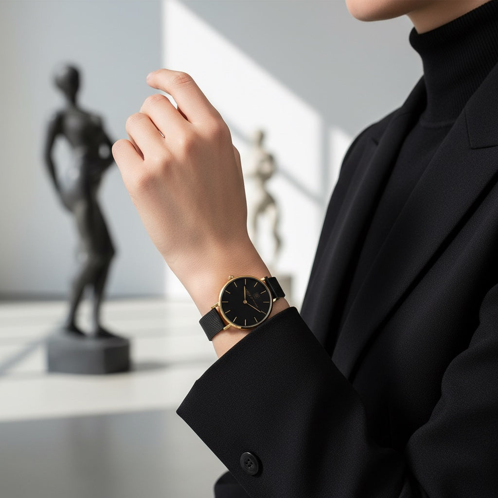 Eine Uhr- die auffällt! Damenuhr Milanese rund schwarz “Baden-Baden” 32 mm schwarzem Armband mit schwarzem Ziffernblatt