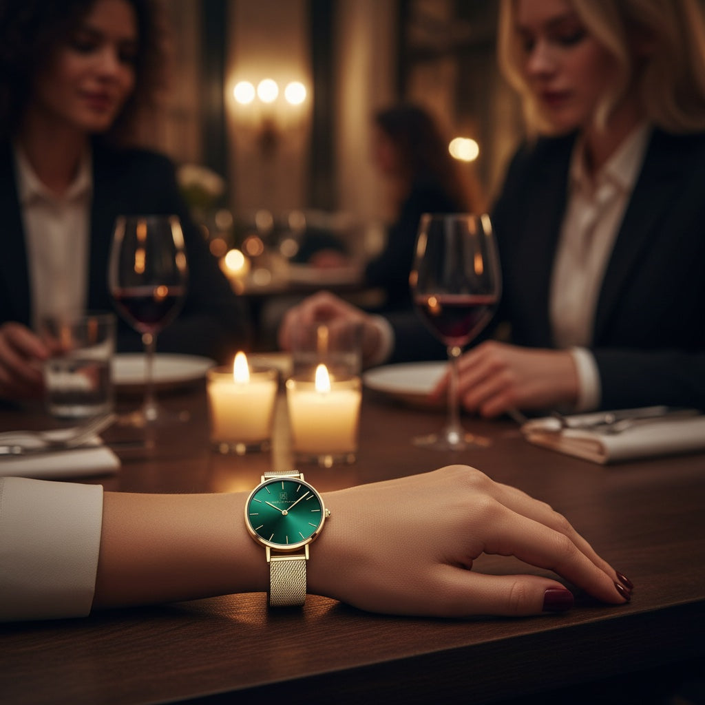 Neue Farbe- neues Du! Damenuhr Milanese Gold mit dunkelgrünem Ziffernblatt “Düsseldorf” 32 mm