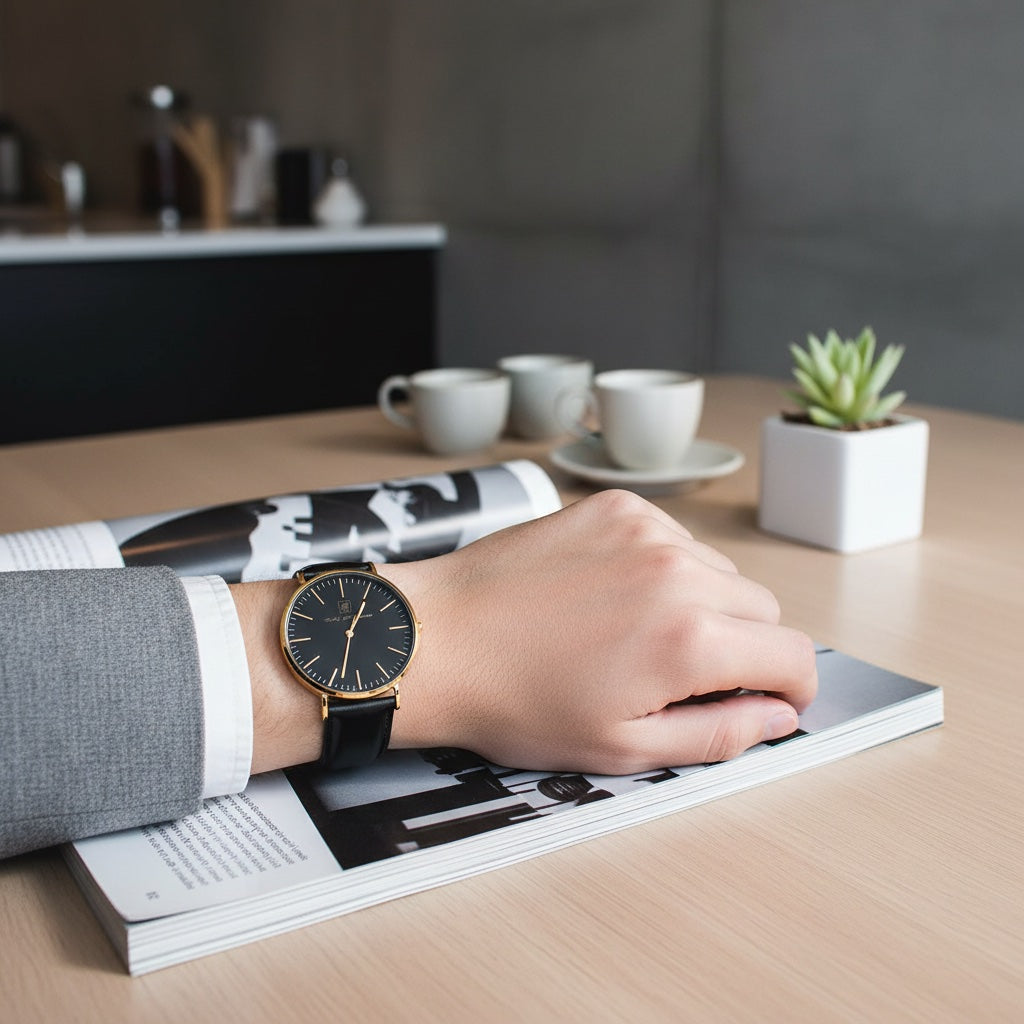 Leicht. Flach. Zeitlos! Unisex- Armbanduhr “Dresden” 38 mm mit schwarzem Ziffernblatt und Lederarmband