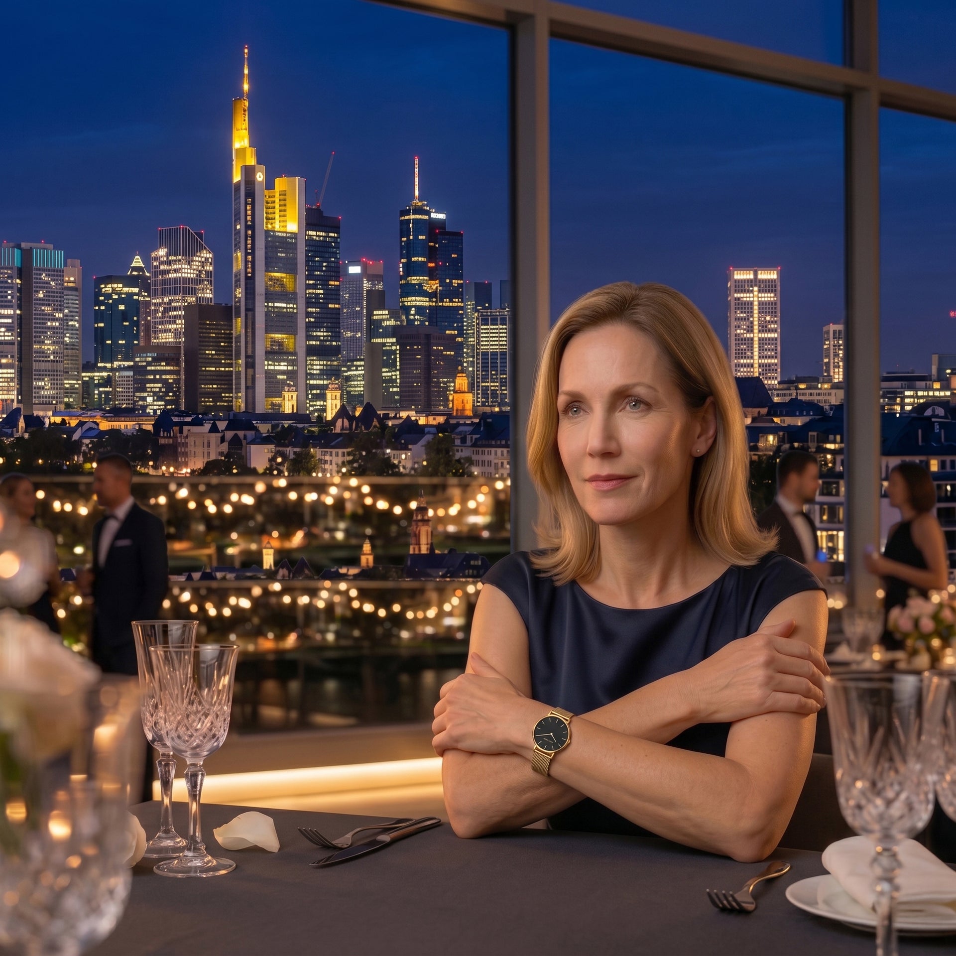 Damenuhr mit Gold- Armband  Milanese “Frankfurt” 32 m und schwarzem Ziffernblatt