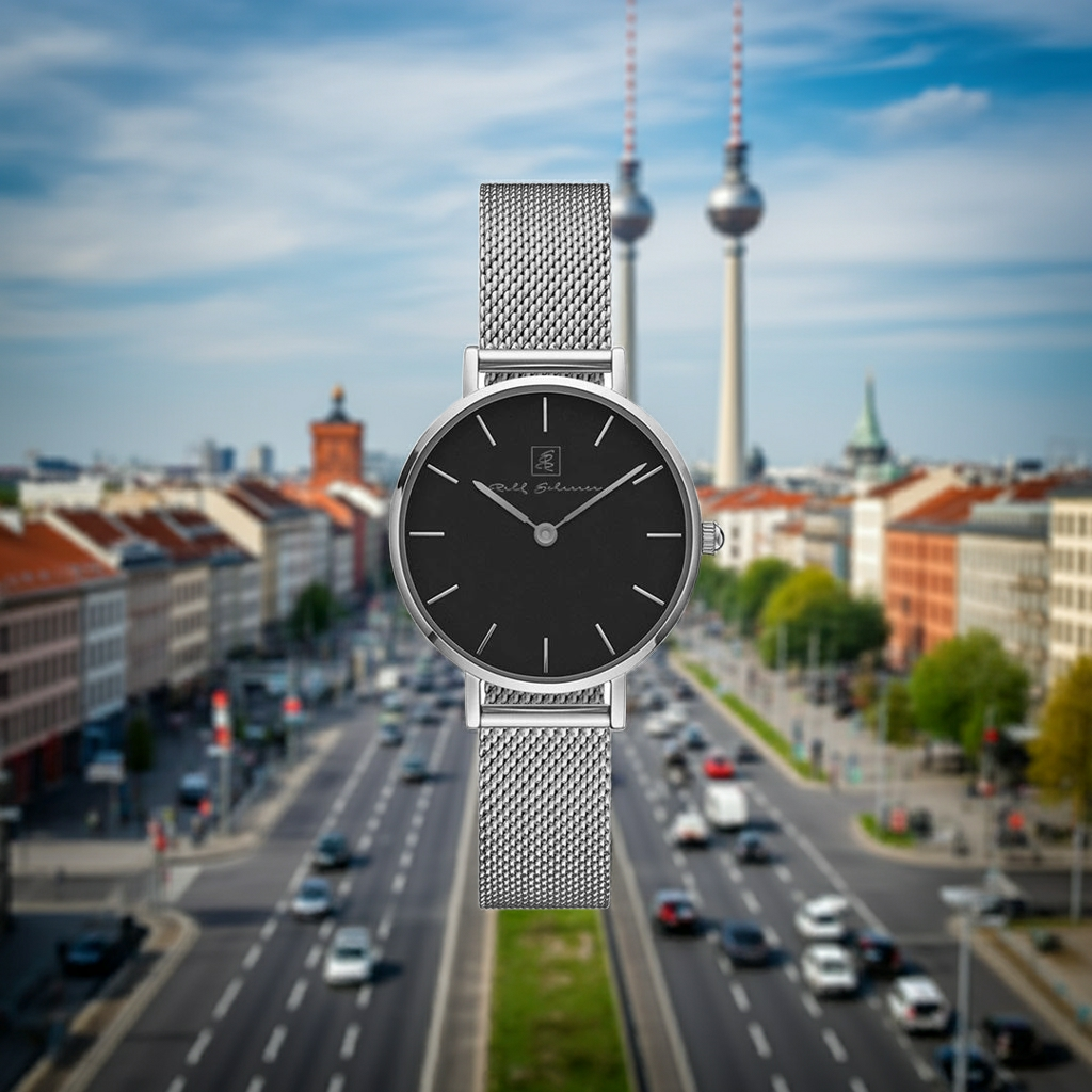 Minimalismus- genau mein Stil! Damenuhr Milanese silber mit schwarzem Ziffernblatt “Berlin”