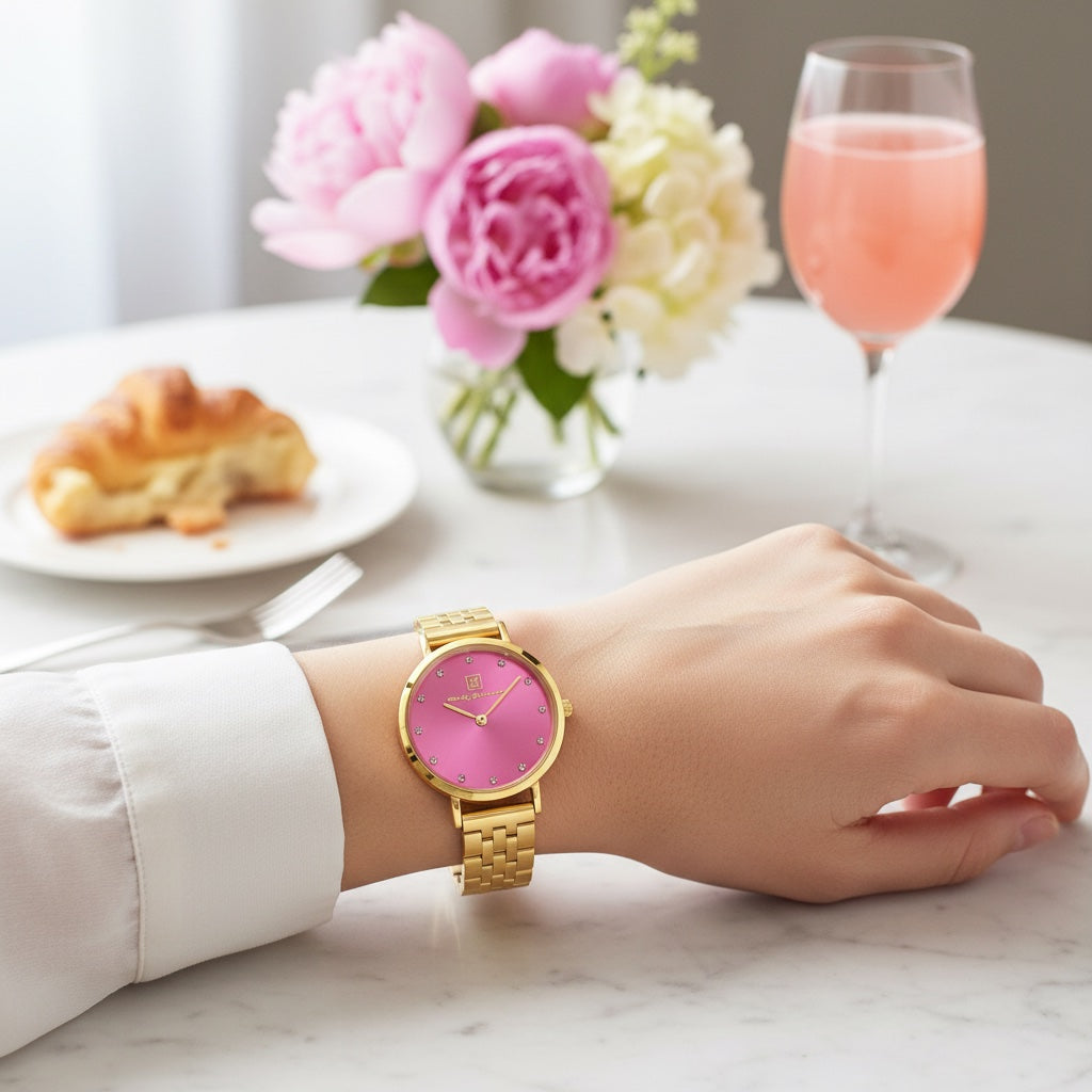 Dieser Glanz ist für Dich! Damenuhr Edelstahl- Armband Gold mit Ziffernblatt in Pink “Kampen Prestige” 32 mm