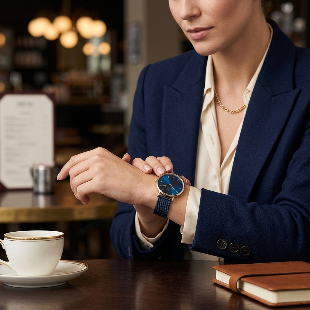 Designed für Dich und Deinen Stil! Damenuhr mit dunkelblauem Milanese-Armband und dunkelblauem Ziffernblatt “Kiel” 32 mm