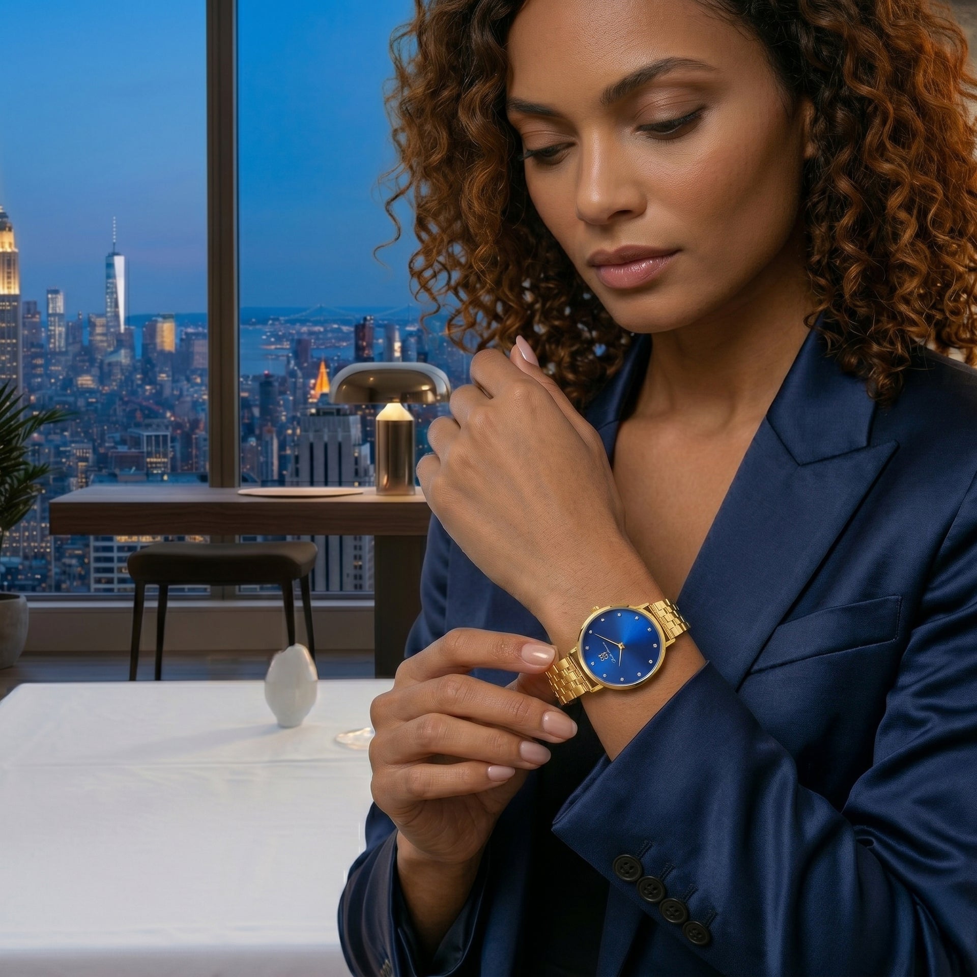 Zeit für Deinen eigenen Stil!  Damenuhr Edelstahl- Armband  Gold mit blauem Ziffernblatt “Lübeck Prestige” 32 mm