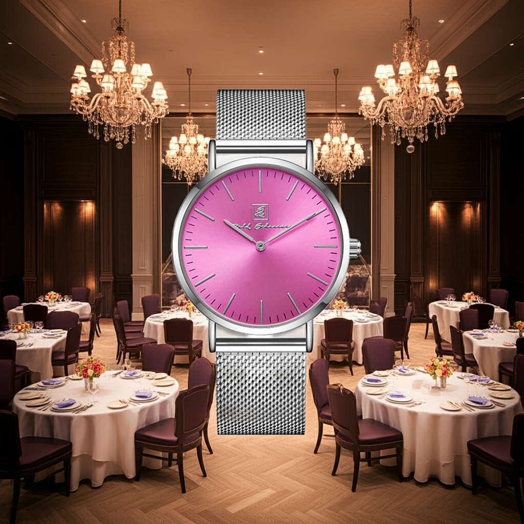 Neue Farbe- neues Du!  Armbanduhr “Mainz” 40 mm silberfarbenes Armband mit pinkem Ziffernblatt