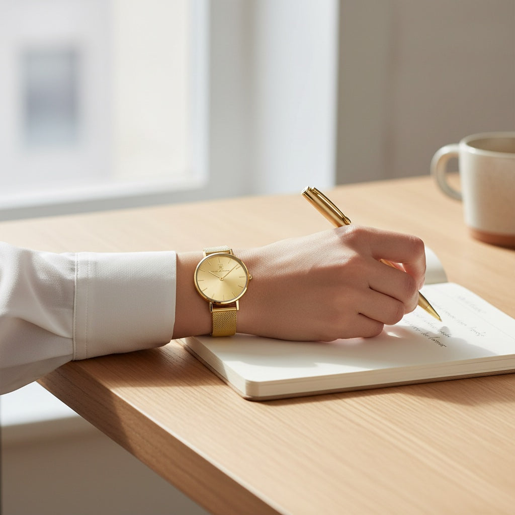 Gold ist Inn! Damenuhr Milanese Goldfarbenes Armband mit goldfarbenen Ziffernblatt “Pforzheim” 32 mm