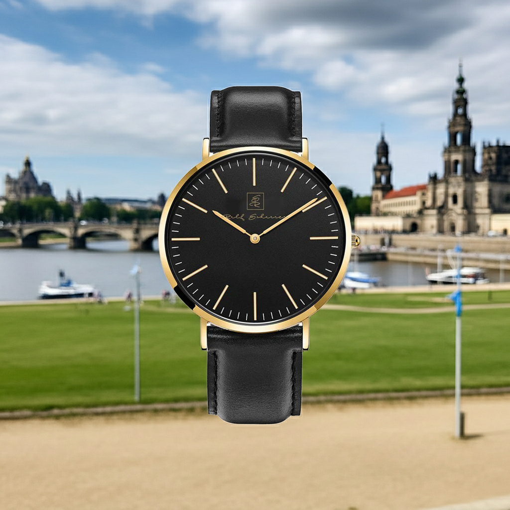 Leicht. Flach. Zeitlos! Unisex- Armbanduhr “Dresden” 38 mm mit schwarzem Ziffernblatt und Lederarmband