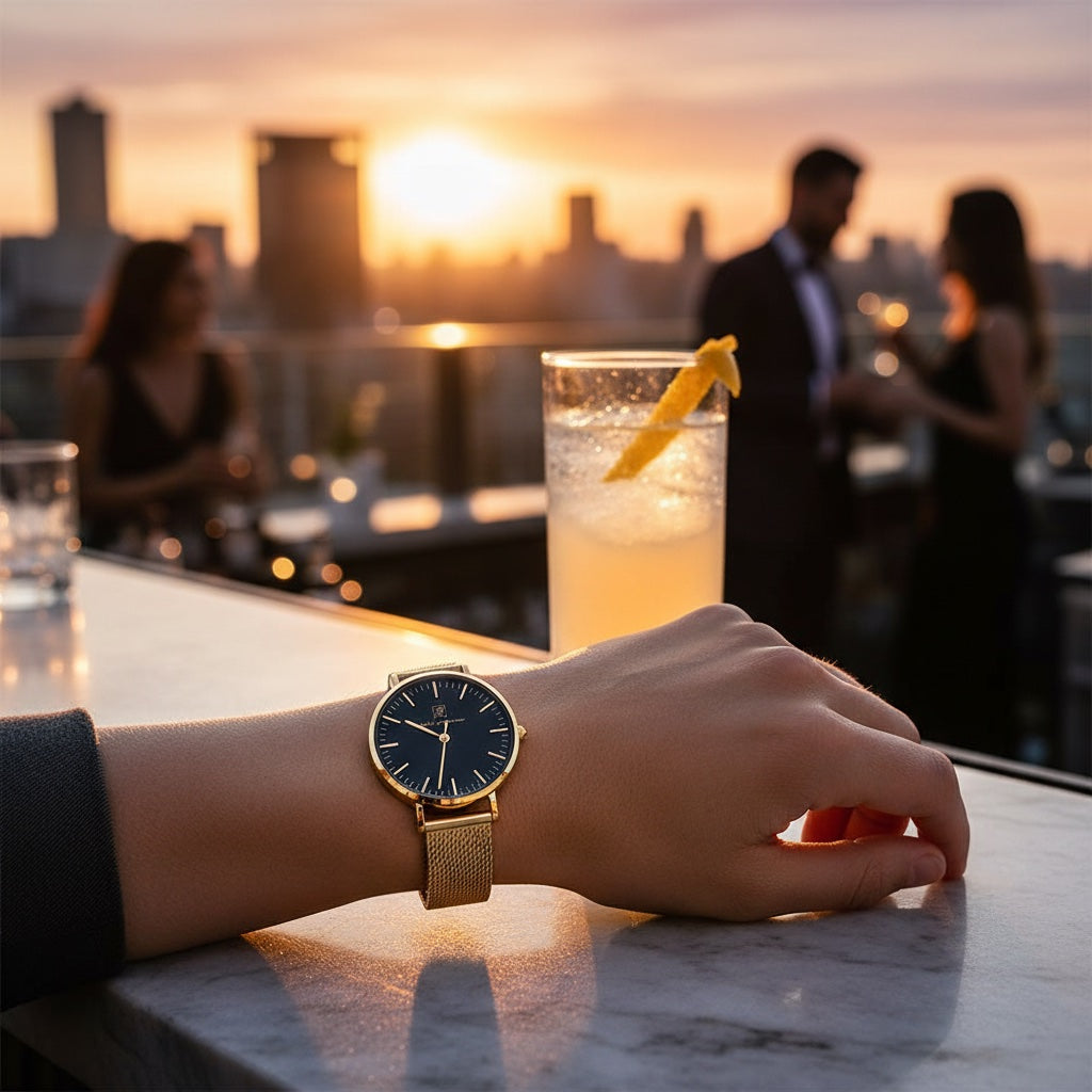 Gönn Dir Glanz! “Sylt” 32 mm in Goldfarben mit schwarzem Ziffernblatt